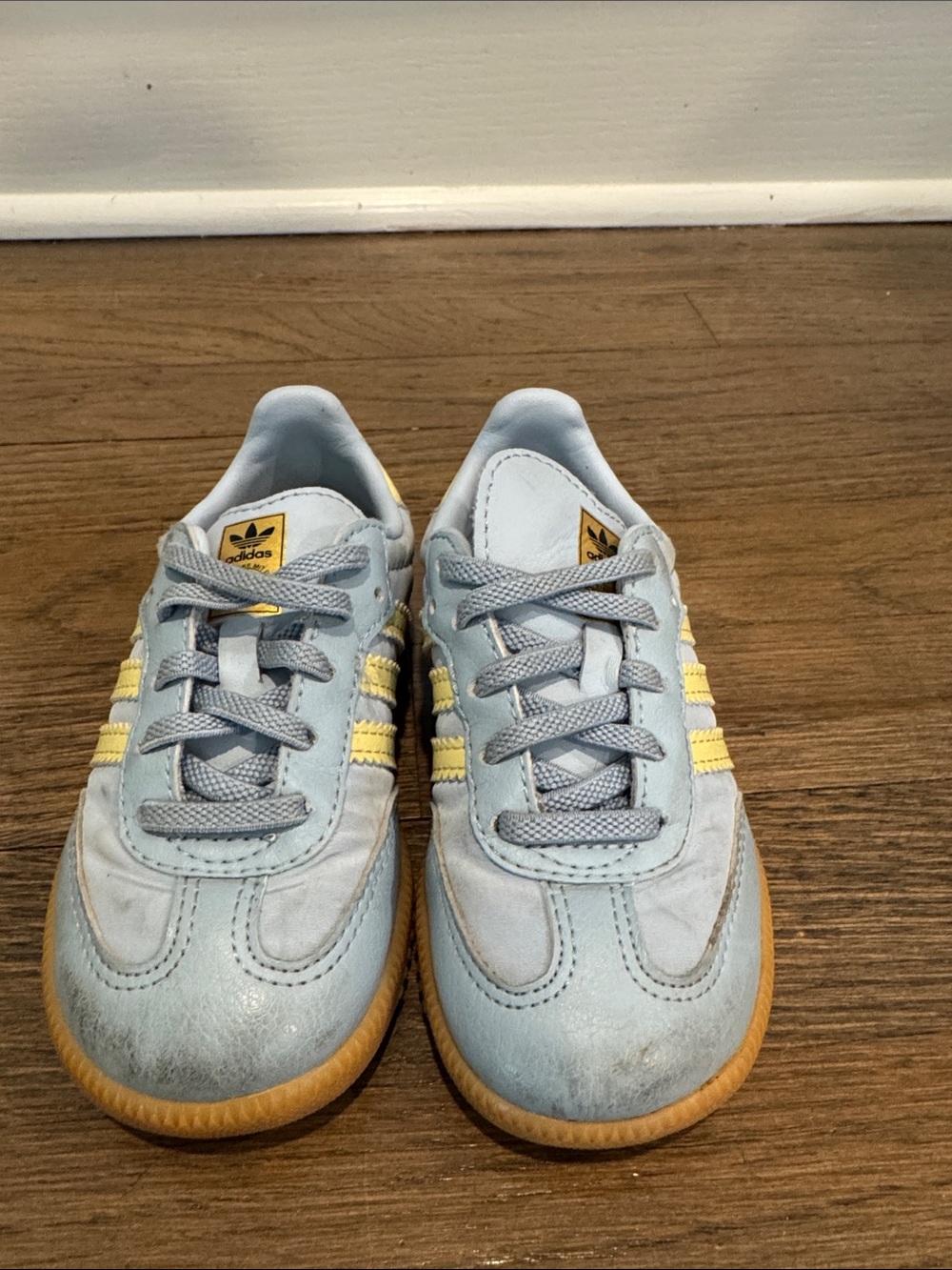 adidas Kids Light Blue Sneakers with Yellow Stripes